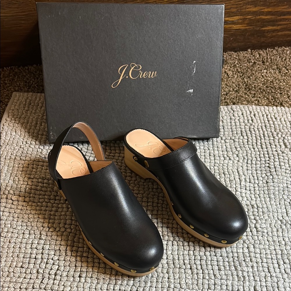 J. Crew Black and Tan Leather Clogs with Wooden Sole